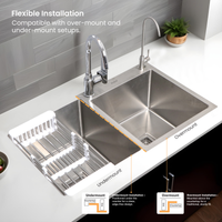 Handmade Double Bowl with Tap Hole Kitchen Sink (32 x 18 x 10 Inches) Suitable for undermount and overmount