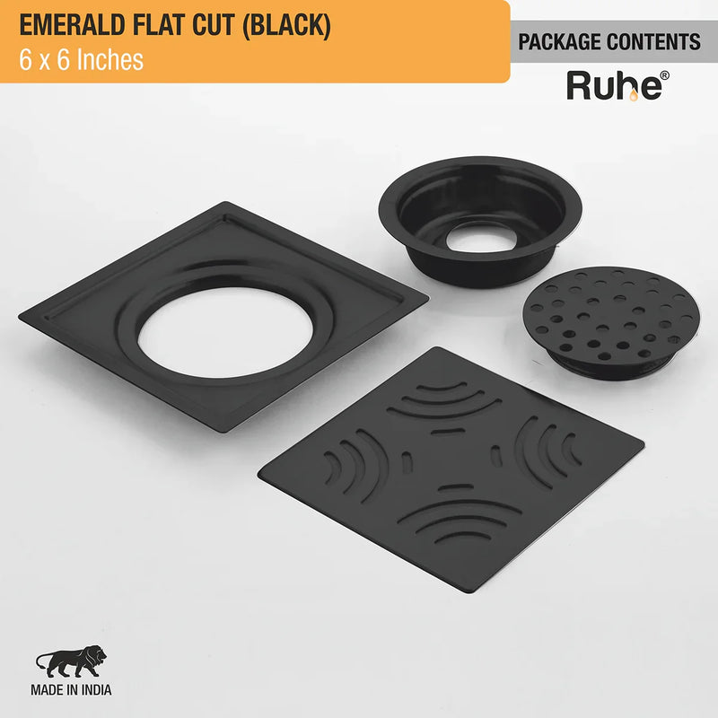 Emerald Square Flat Cut Floor Drain in Black PVD Coating (6 x 6 Inches) - by Ruhe