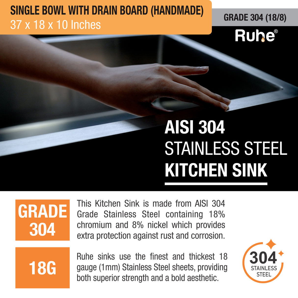 Handmade Single Bowl with Drainboard 304-Grade Kitchen Sink (37 x 18 x 10 Inches) - by Ruhe