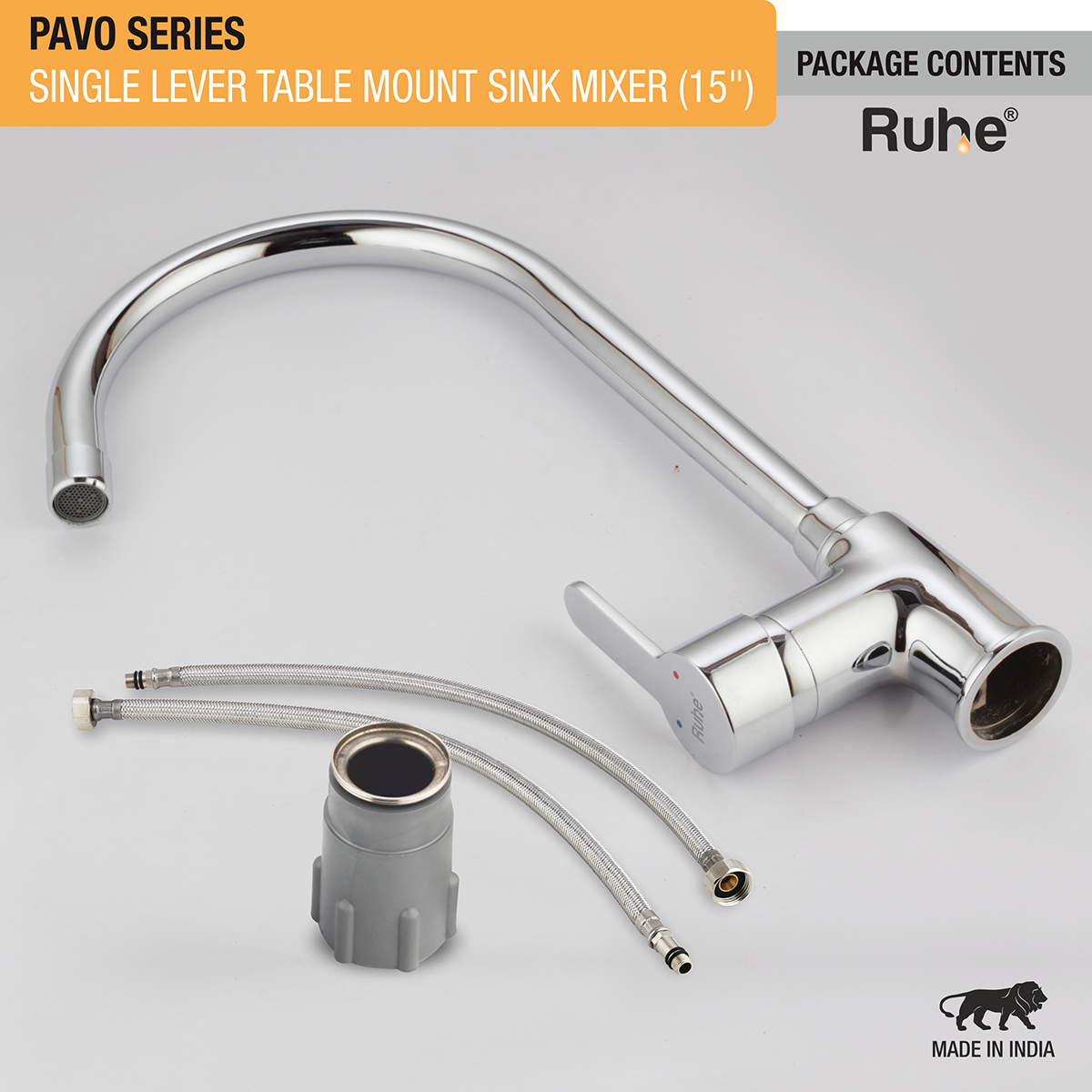 Pavo Single Lever Table-Mount Sink Mixer with Medium (15 Inches) Round Swivel Spout Brass Faucet package