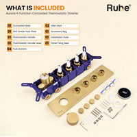 In the box: concealed body, 304-Grade face plate with 4 outlet knobs, thermostatic handle and lever, 4 push buttons, panel fixing seat, installation ruler, accessory bag, Allen Keys (L-Keys)
