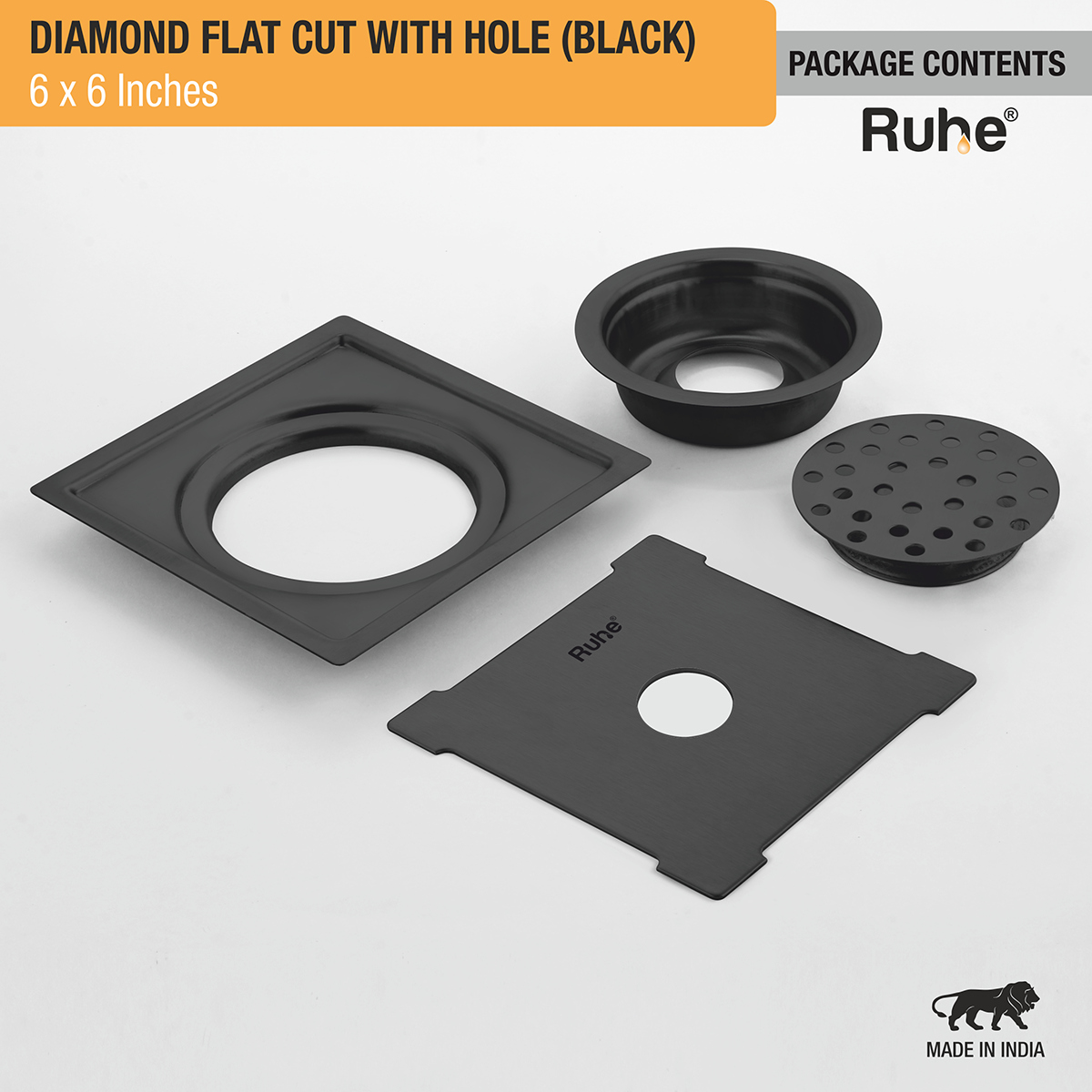 Diamond Square Flat Cut Floor Drain in Black PVD Coating (6 x 6 Inches) with Hole - by Ruhe