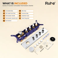 In the box: concealed body, 304-Grade face plate with 4 outlet knobs, thermostatic handle and lever, 4 push buttons, panel fixing seat, installation ruler, accessory bag, Allen Keys (L-Keys)