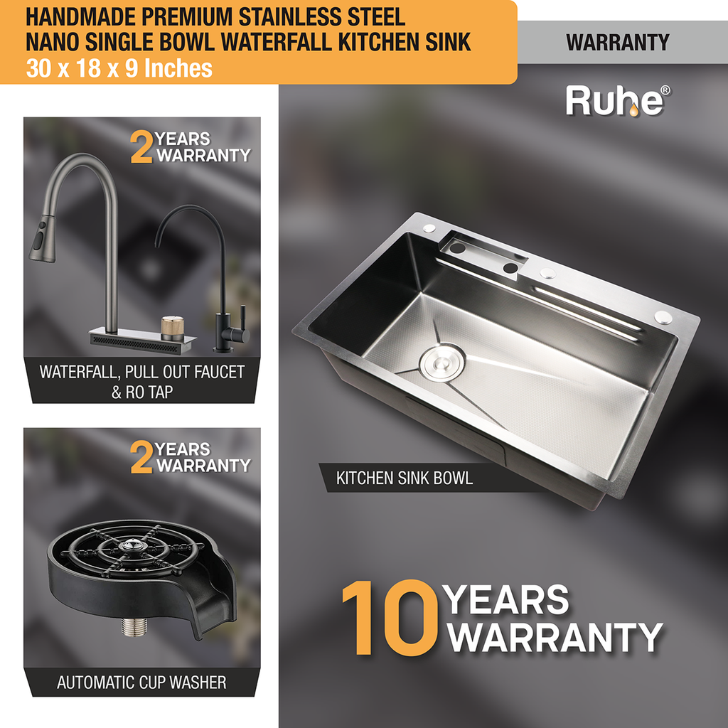 Handmade Premium Nano Kitchen Sink with Integrated Waterfall, PullOut