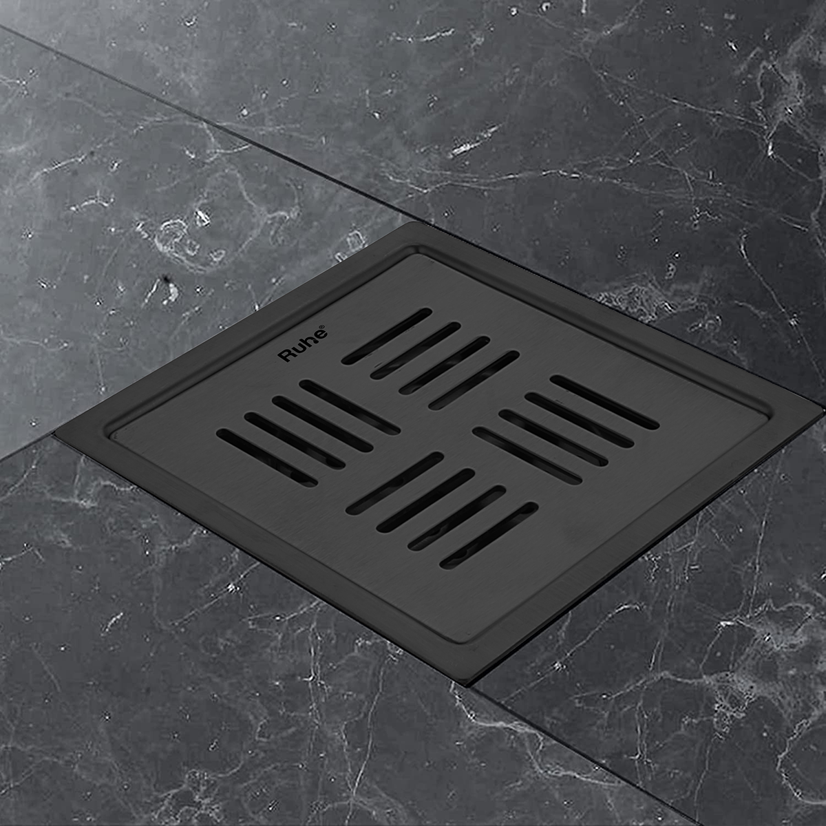 Ruby Square 304-Grade Floor Drain in Black PVD Coating (5 x 5 Inches) installed