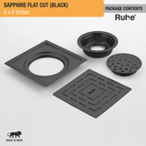 Sapphire Square Flat Cut Floor Drain in Black PVD Coating (6 x 6 Inches) - by Ruhe®