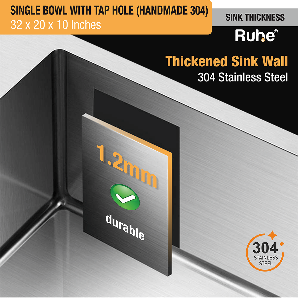 Handmade Single Bowl 304-Grade Kitchen Sink (32 x 20 x 10 Inches) with Tap Hole stainless steel thickness