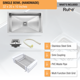 Handmade Single Bowl (32 x 20 x 10 Inches) Kitchen Sink  - by Ruhe