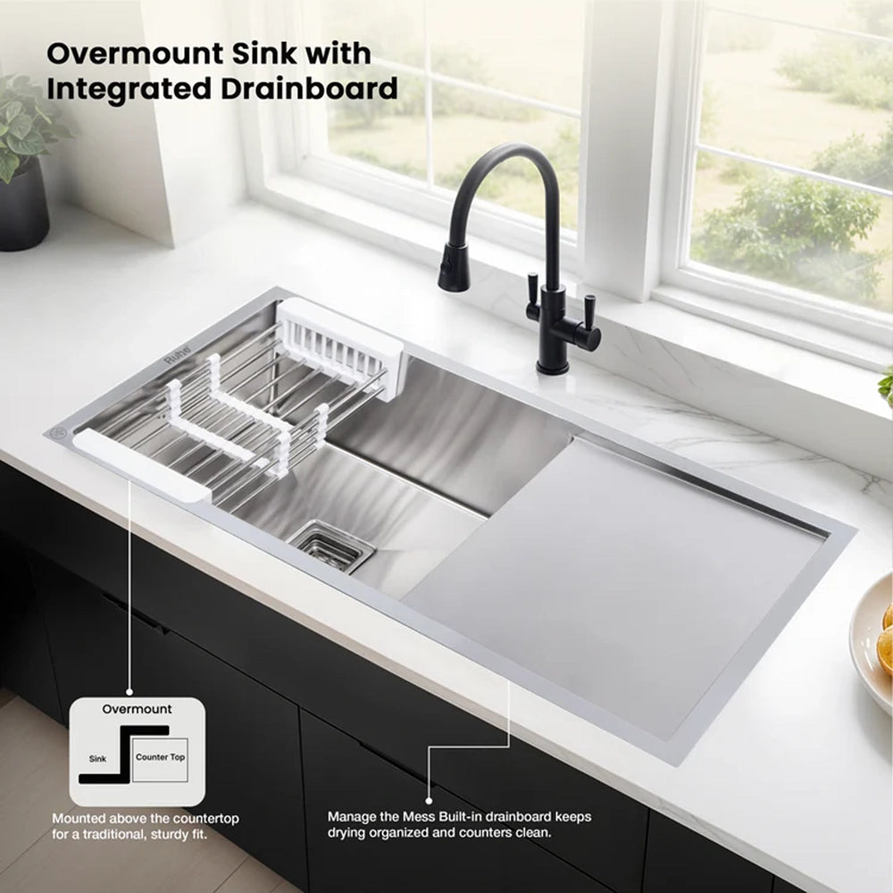 Handmade Stainless Steel Single Bowl Kitchen Sink with Drainboard (37 x 18 x 10 Inches) – Matt Steel