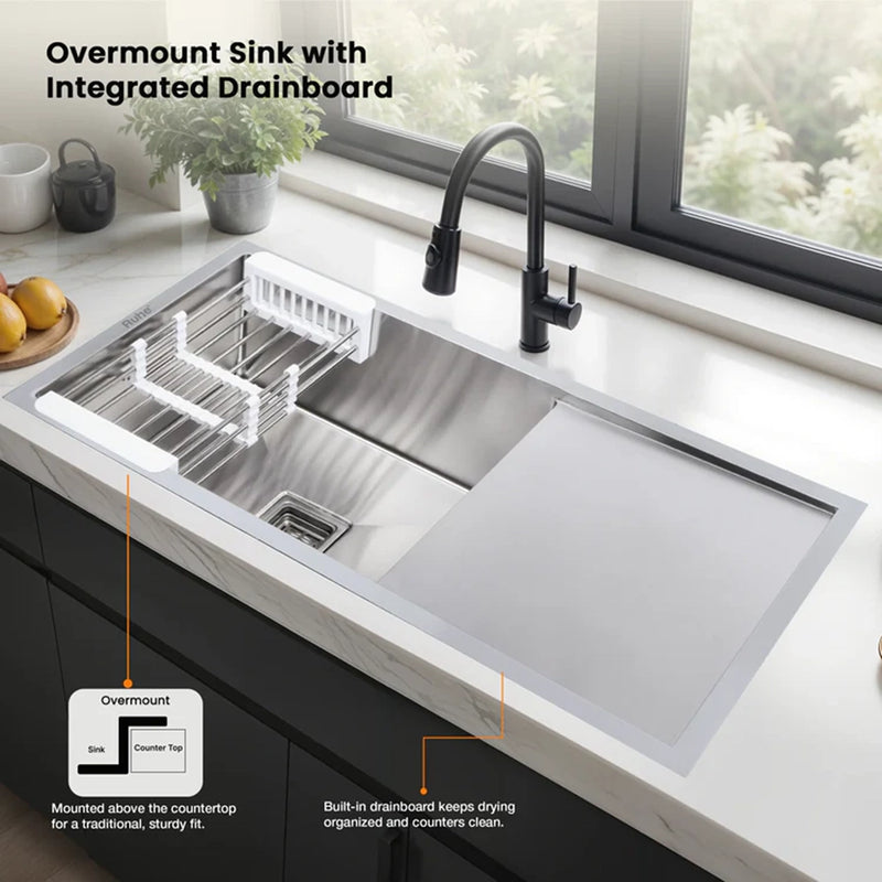 Handmade Single Bowl with Drainboard Kitchen Sink (37 x 18 x 10 Inches)