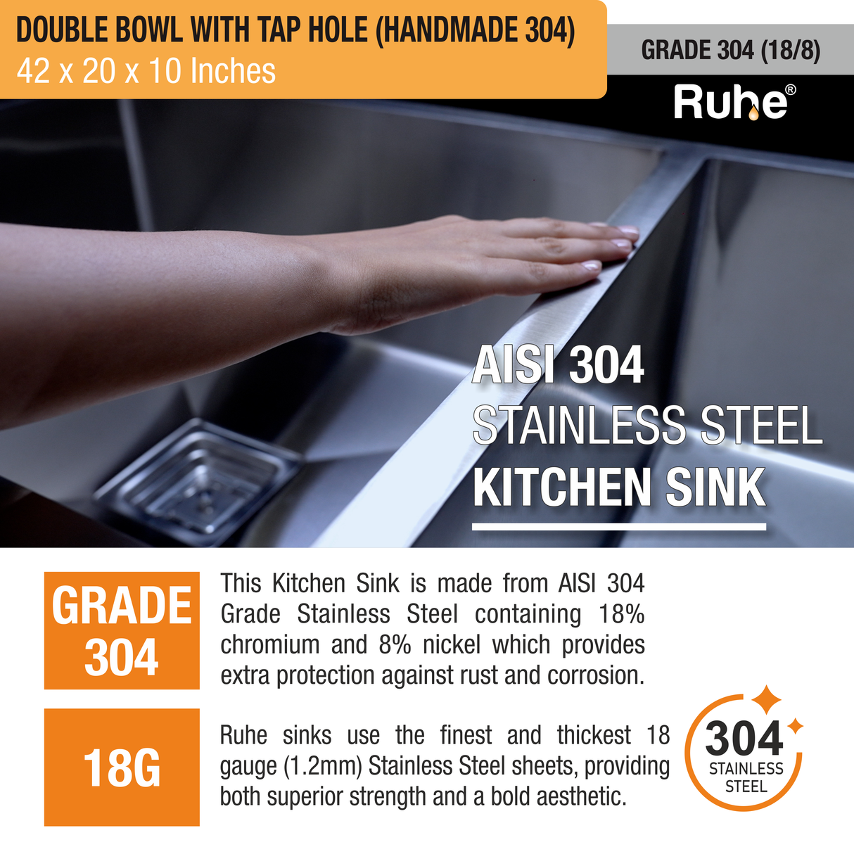 Handmade Double Bowl 304-Grade (42 x 20 x 10 Inches) Kitchen Sink with Tap Hole  - by Ruhe®