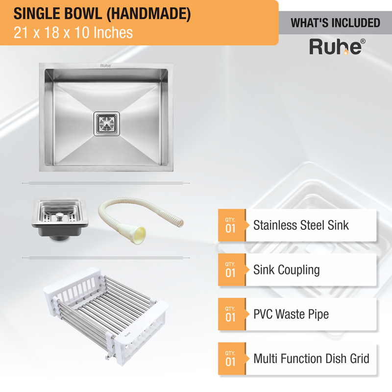 Handmade Single Bowl Kitchen Sink (21 x 18 x 10 Inches)