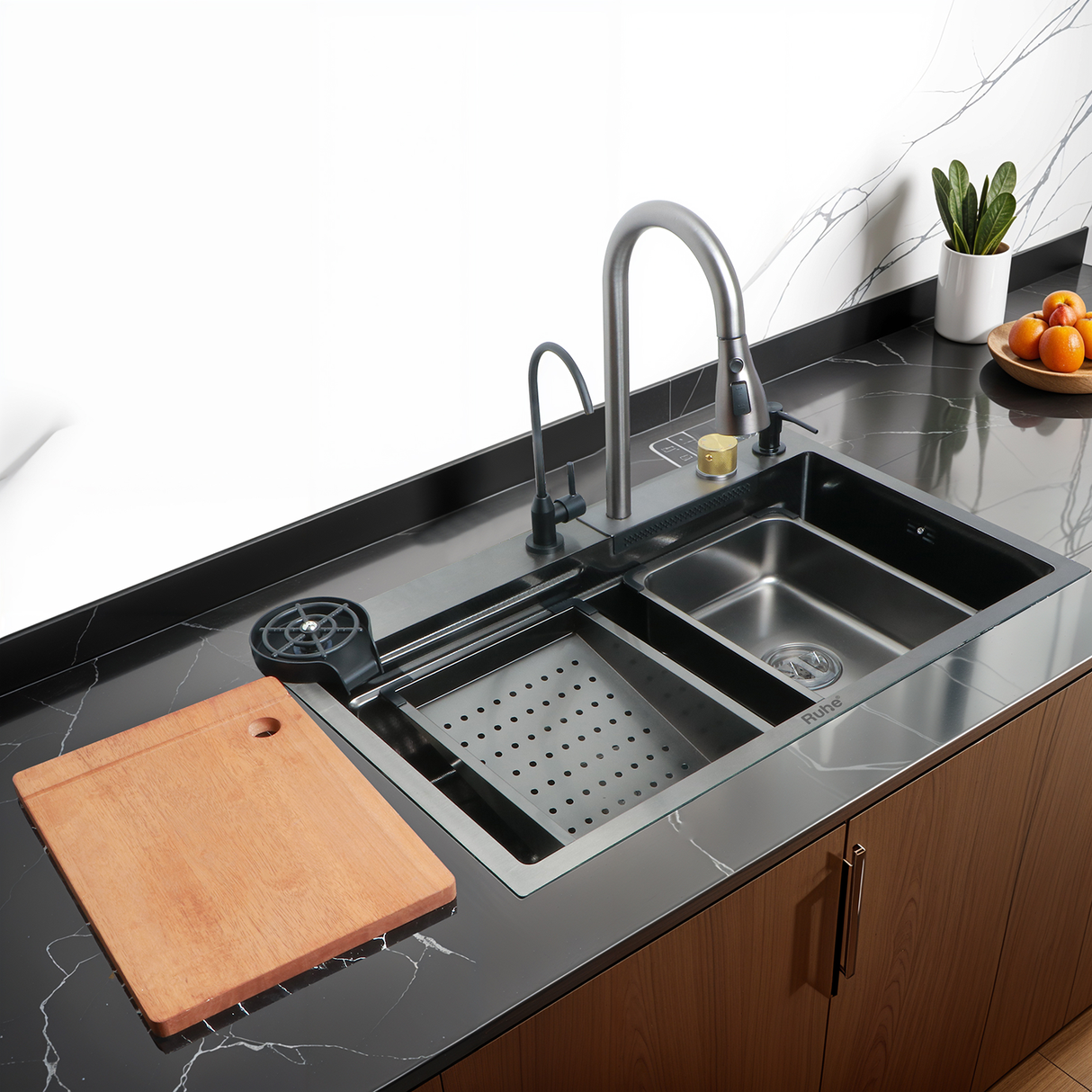 Nano Black 304-Grade Kitchen Sink with Integrated Waterfall, Pull-Out & RO Faucet (30 x 18 x 9 Inches) - by Ruhe