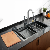 Nano Black 304-Grade Kitchen Sink with Integrated Waterfall, Pull-Out & RO Faucet (30 x 18 x 9 Inches) - by Ruhe
