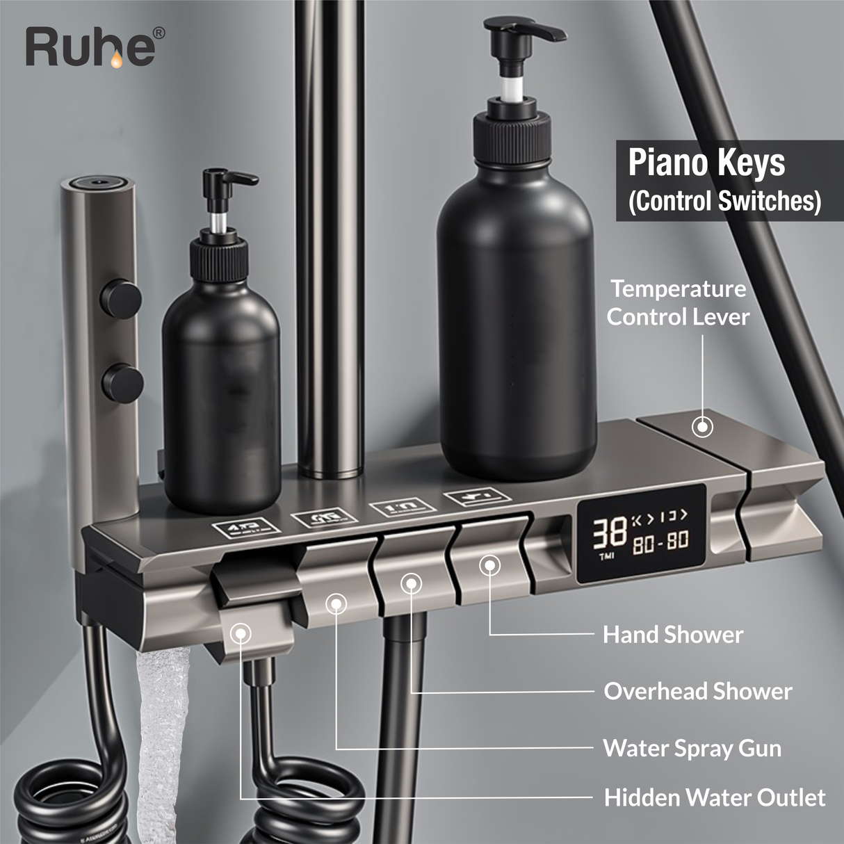 Rain Digital 4-in-1 Piano Shower Panel Complete Set including Overhead Shower, Multi-flow Hand Shower & Health Faucet - by Ruhe