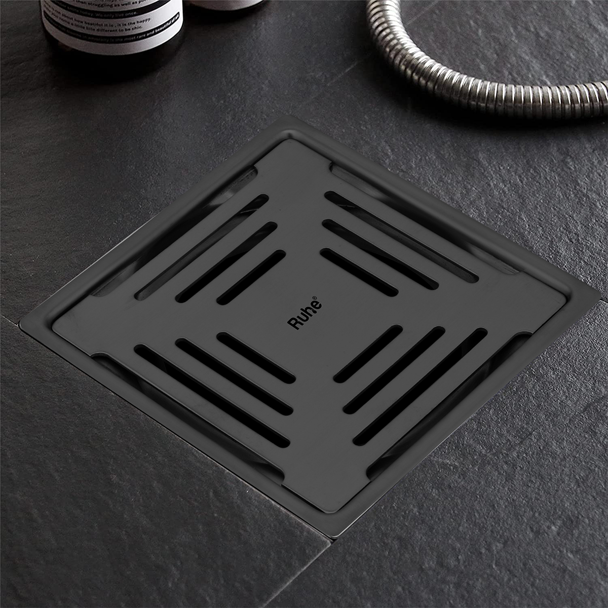 Opal Square Flat Cut Floor Drain in Black PVD Coating (6 x 6 Inches) - by Ruhe