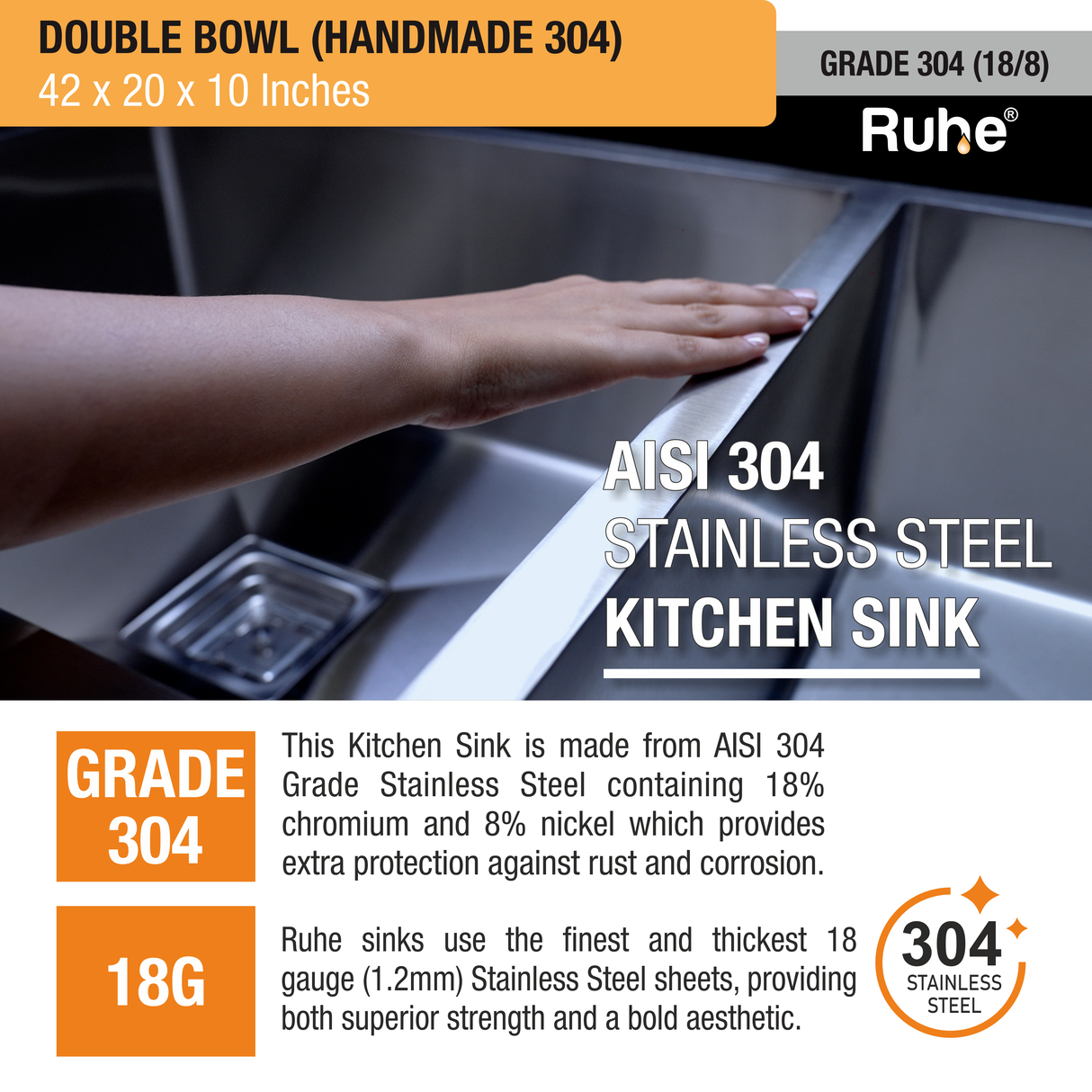 Handmade Double Bowl 304-Grade (42 x 20 x 10 Inches) Kitchen Sink - by Ruhe®