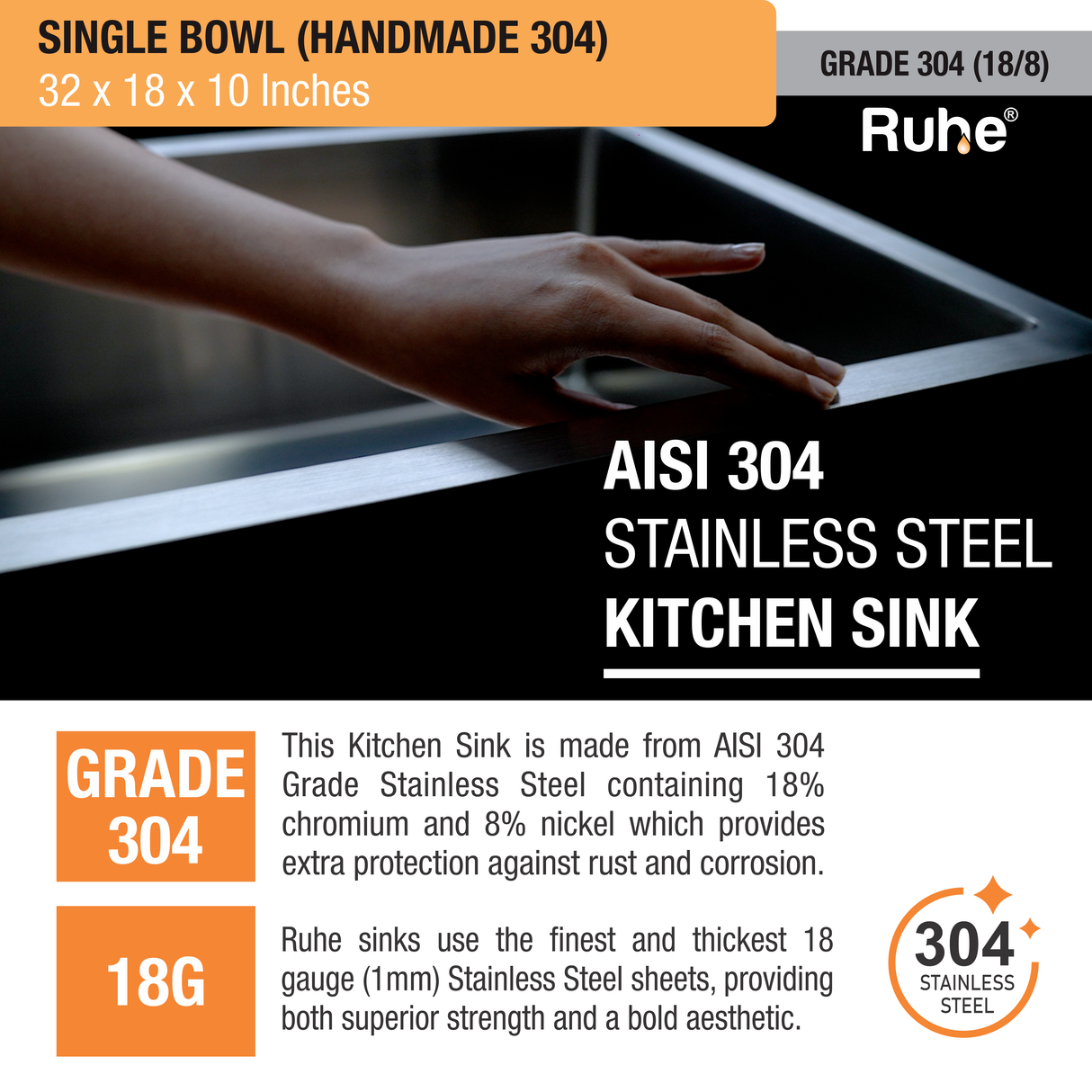 Handmade Single Bowl 304-Grade (32 x 18 x 10 Inches) Kitchen Sink - by Ruhe