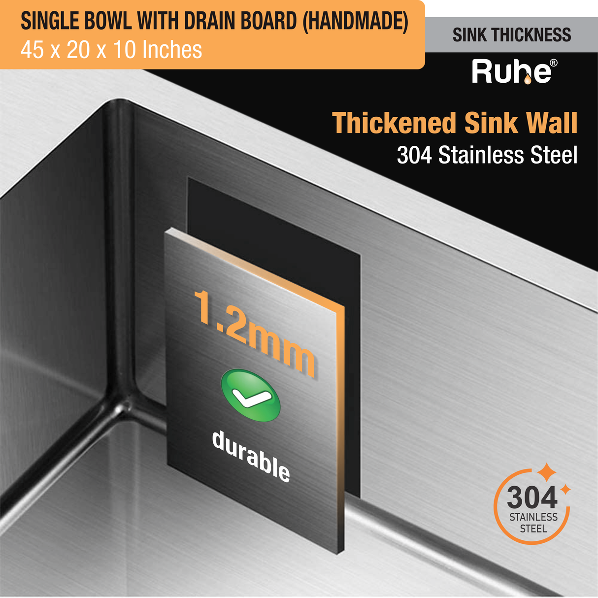 Handmade Single Bowl with Drainboard 304-Grade (45 x 20 x 10 Inches) Kitchen Sink - by Ruhe®