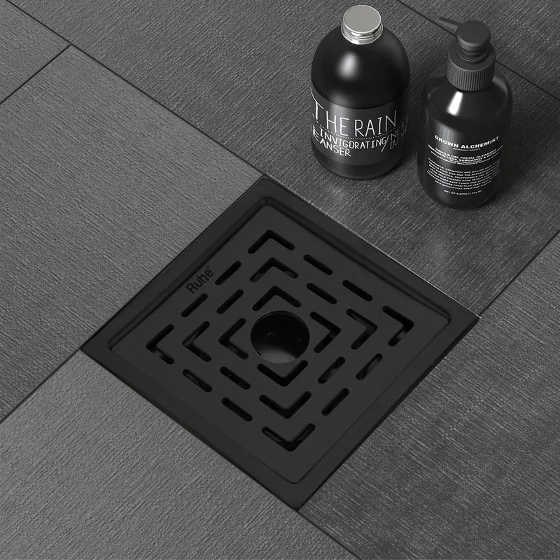 Sapphire Square Flat Cut Floor Drain in Black PVD Coating (5 x 5 Inches) with Hole - by Ruhe