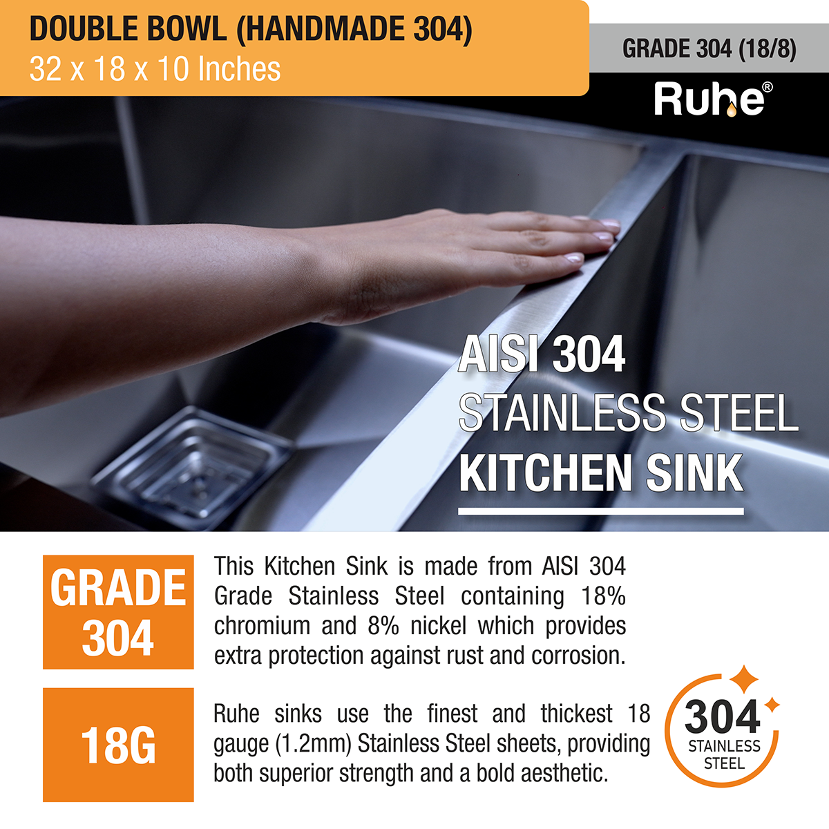 Handmade Double Bowl 304-Grade Kitchen Sink (32 x 18 x 10 Inches) stainless steel