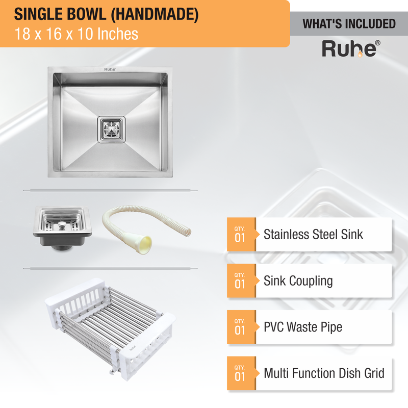 Handmade Single Bowl Kitchen Sink (18 x 16 x 10 Inches)
