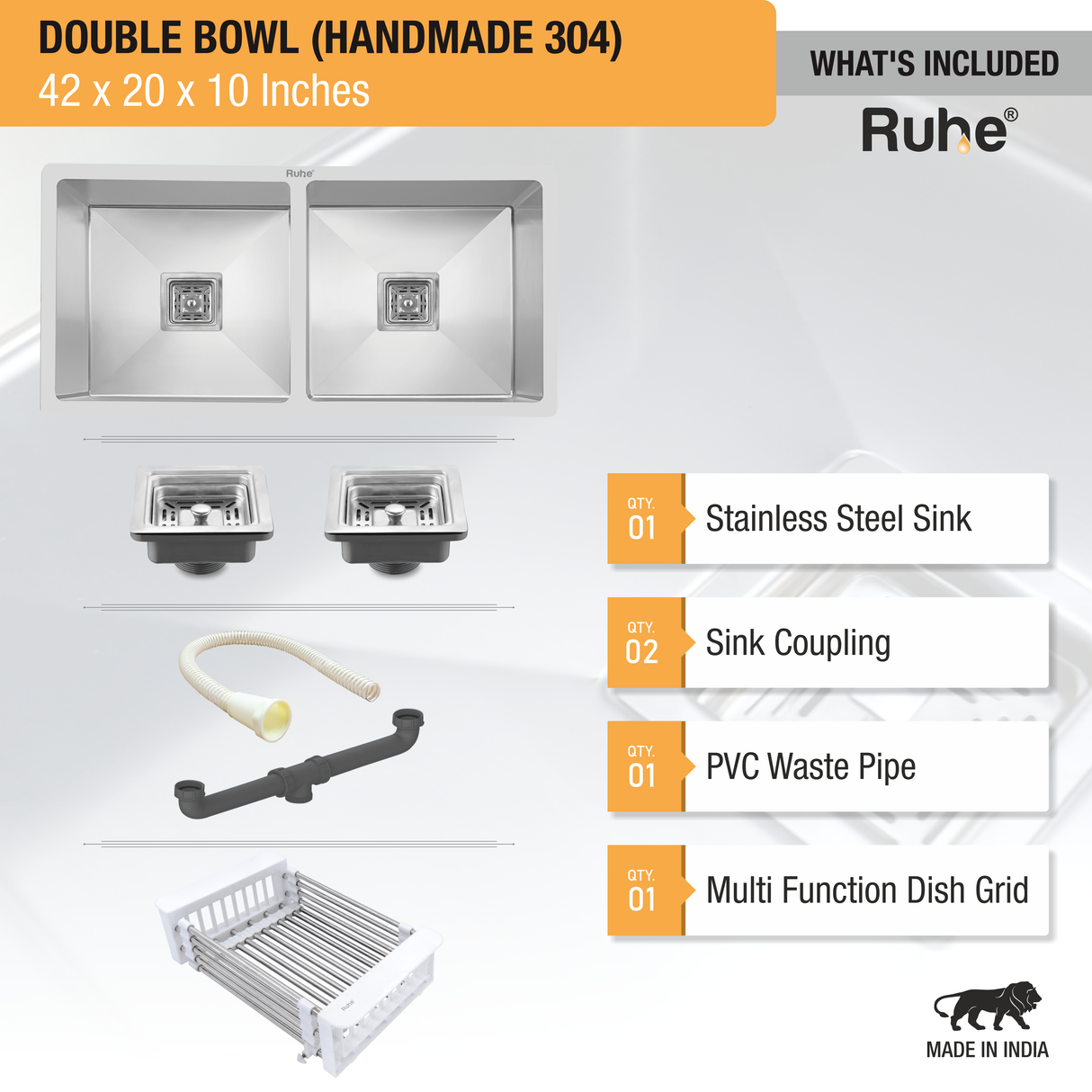 Handmade Double Bowl 304-Grade (42 x 20 x 10 Inches) Kitchen Sink - by Ruhe®