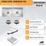 Handmade Double Bowl 304-Grade (42 x 20 x 10 Inches) Kitchen Sink - by Ruhe®