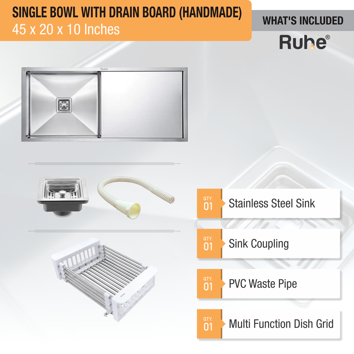 Handmade Single Bowl with Drainboard 304-Grade (45 x 20 x 10 Inches) Kitchen Sink - by Ruhe®