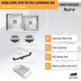 Handmade Double Bowl 304-Grade (42 x 20 x 10 Inches) Kitchen Sink with Tap Hole  - by Ruhe®