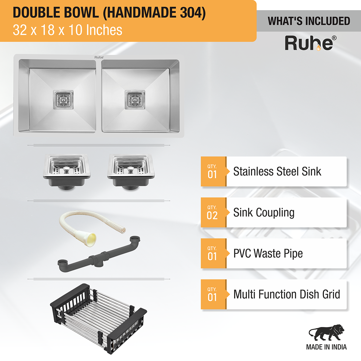 Handmade Double Bowl 304-Grade Kitchen Sink (32 x 18 x 10 Inches) with coupling, pvc waste pipe, vegitable basket