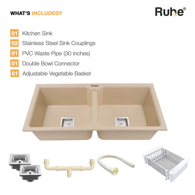 Quartz Double Bowl Kitchen Sink Coloured (37 x 18 x 9 Inches)