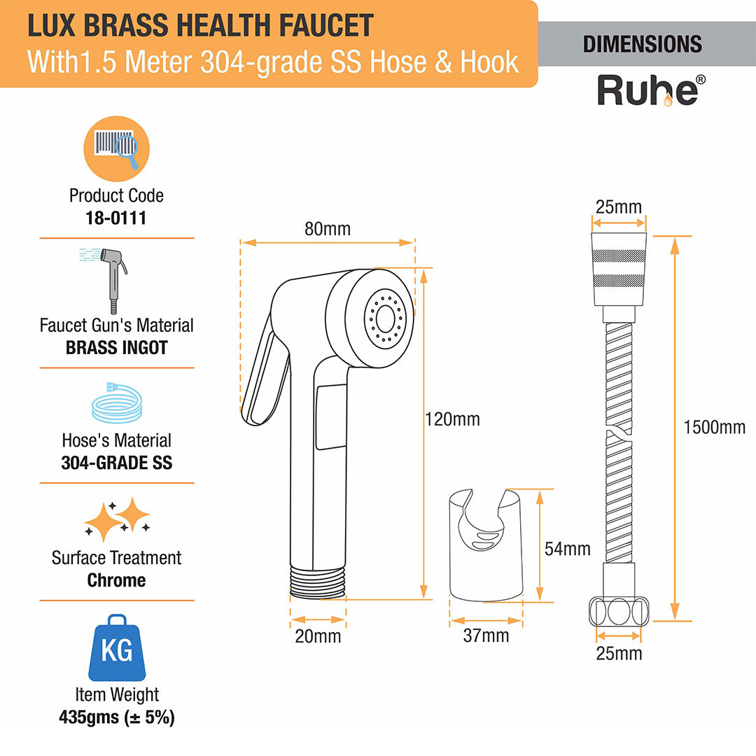 Lux Brass Health Faucet with  1.5 Meter 304-Grade SS Hose & Hook – by Ruhe