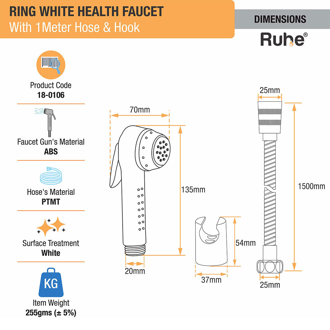 Ring White Health Faucet with  1 Meter Hose & Hook – by Ruhe