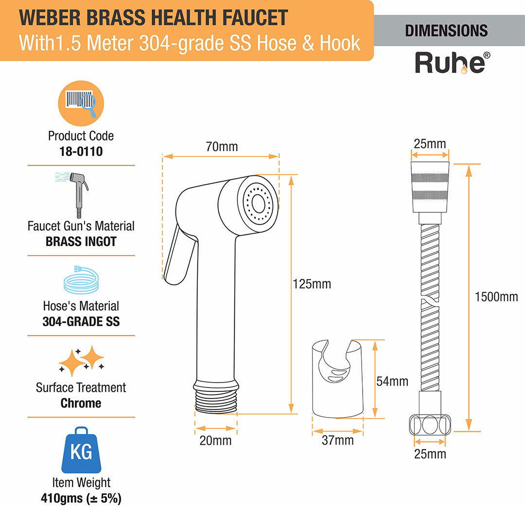 Weber Brass Health Faucet with  1.5 Meter 304-Grade SS Hose & Hook – by Ruhe