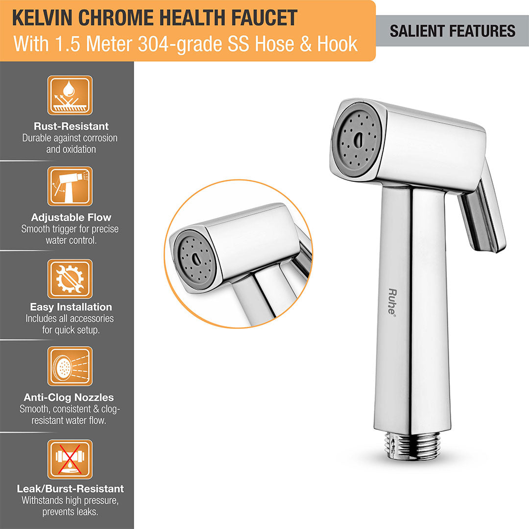 Kelvin Chrome Health Faucet with  1.5 Meter 304-Grade SS Hose & Hook – by Ruhe