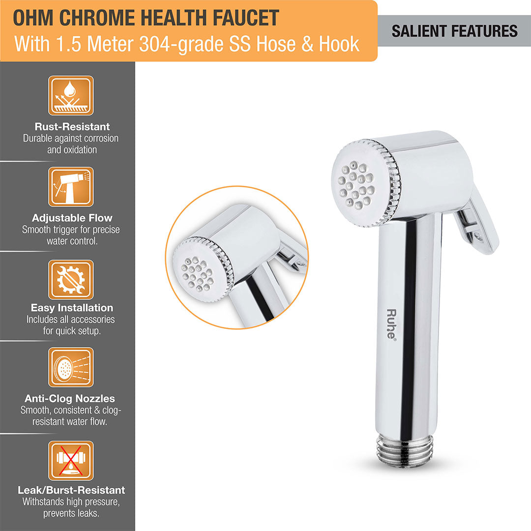 OHM Chrome Health Faucet with  1.5 Meter 304-Grade SS Hose & Hook – by Ruhe