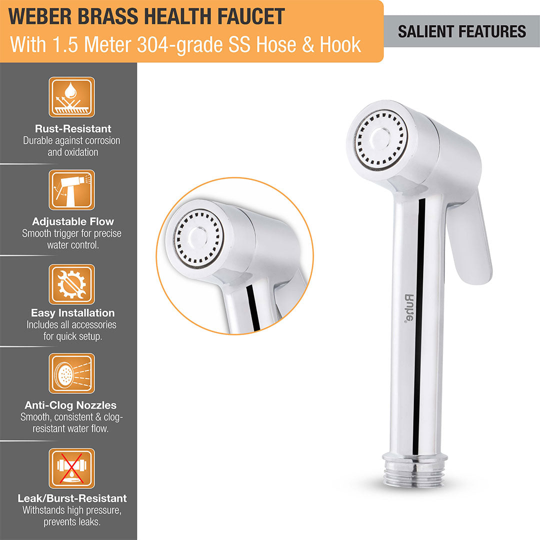 Weber Brass Health Faucet with  1.5 Meter 304-Grade SS Hose & Hook – by Ruhe