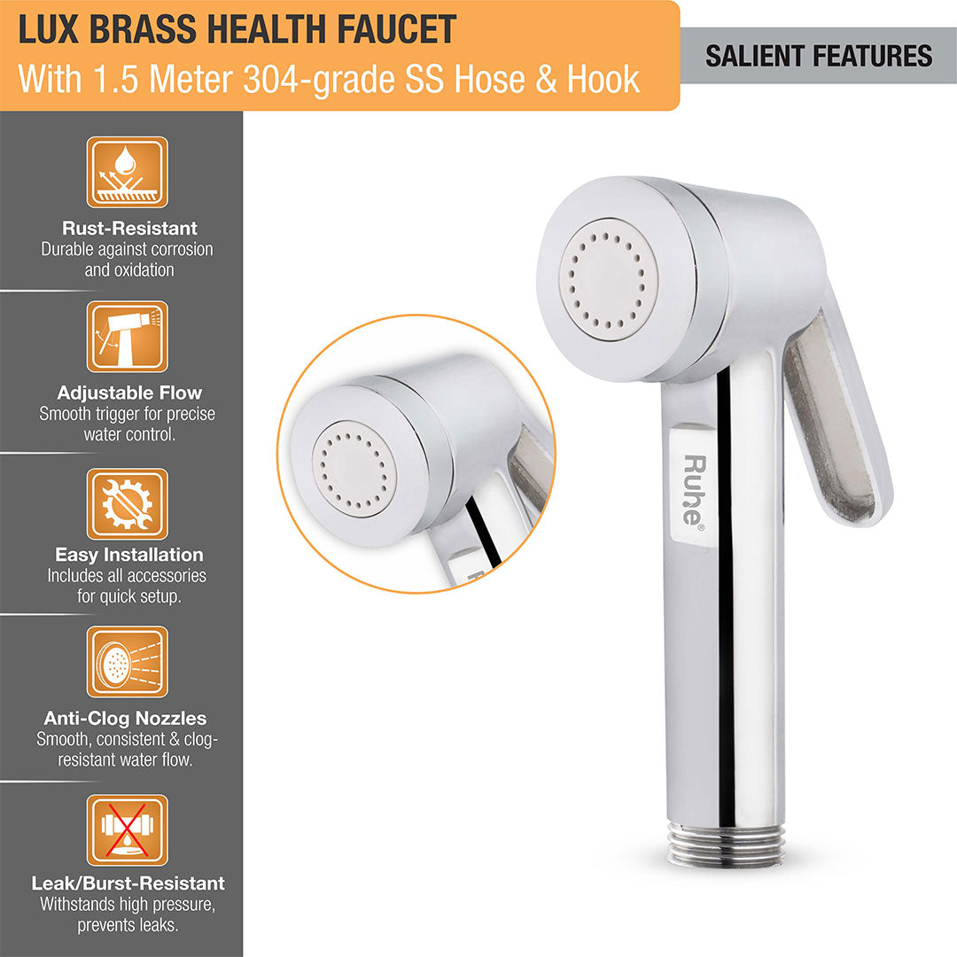 Lux Brass Health Faucet with  1.5 Meter 304-Grade SS Hose & Hook – by Ruhe