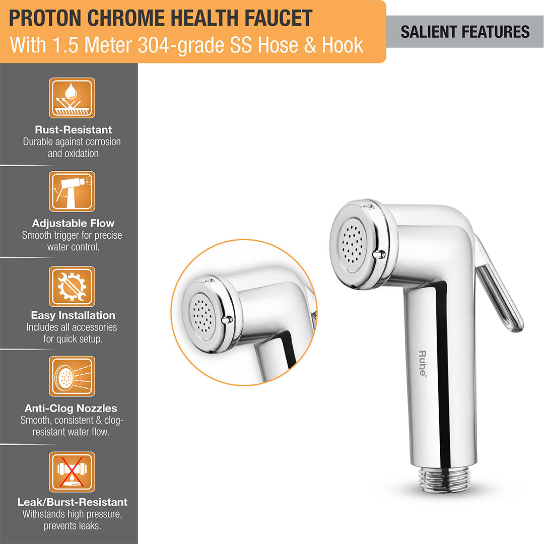 Proton Chrome Health Faucet with  1.5 Meter 304-Grade SS Hose & Hook – by Ruhe