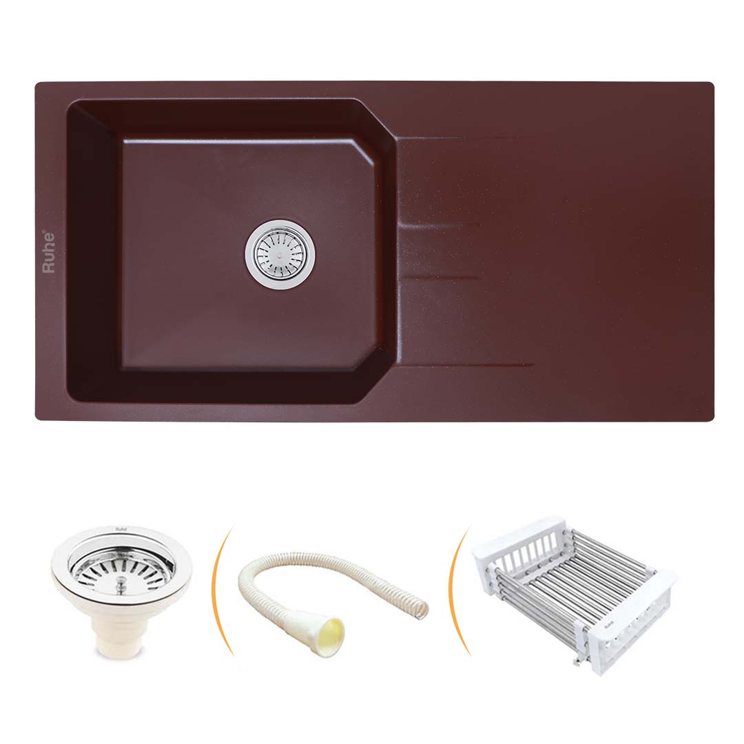 Choco Brown Quartz Single Bowl with Drainboard &nbsp;Kitchen Sink (39 x 20 x 9 inches) - by Ruhe