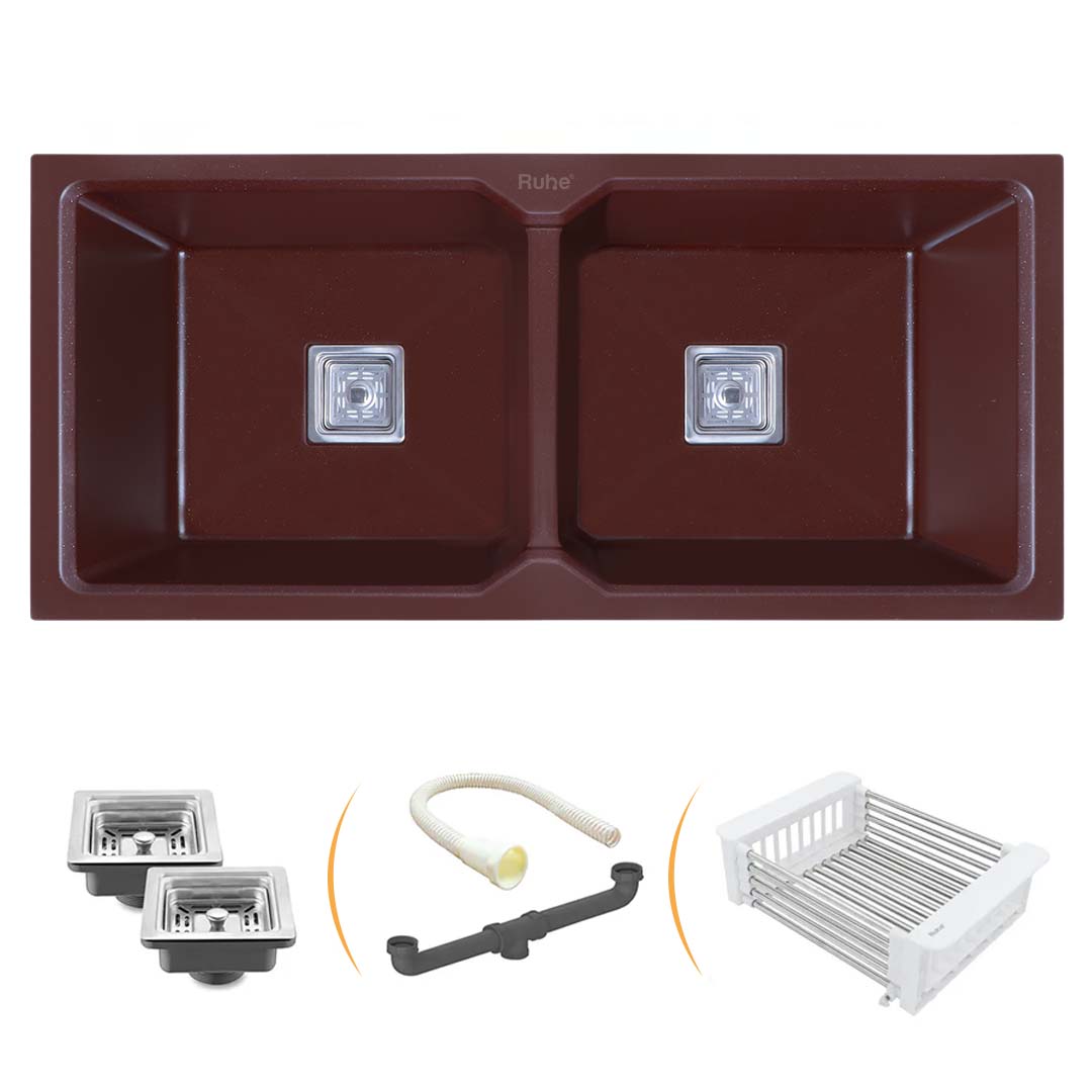 Choco Brown Quartz Double Bowl Kitchen Sink (45 x 20 x 9 inches) - by Ruhe