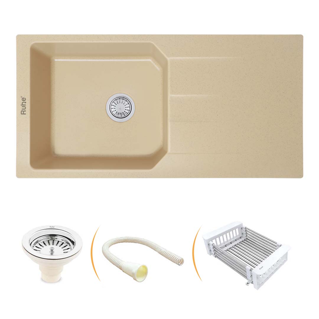 Sand Choco Quartz Single Bowl with Drainboard  Kitchen Sink (39 x 20 x 9 inches) - by Ruhe