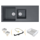 Smoke Grey Quartz Double Bowl with Drainboard  Kitchen Sink (45 x 20 x 9 inches) - by Ruhe