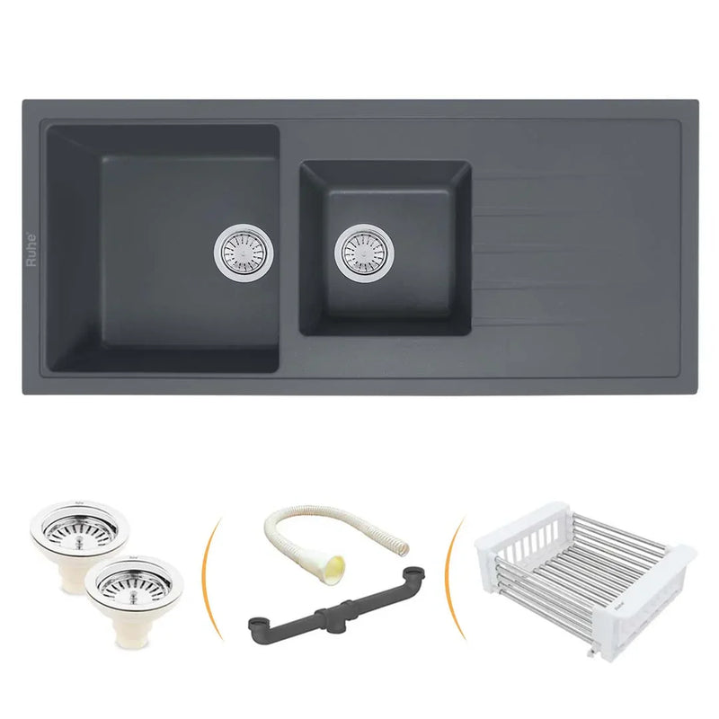 Smoke Grey Quartz Double Bowl with Drainboard Kitchen Sink (45 x 20 x 9 inches)