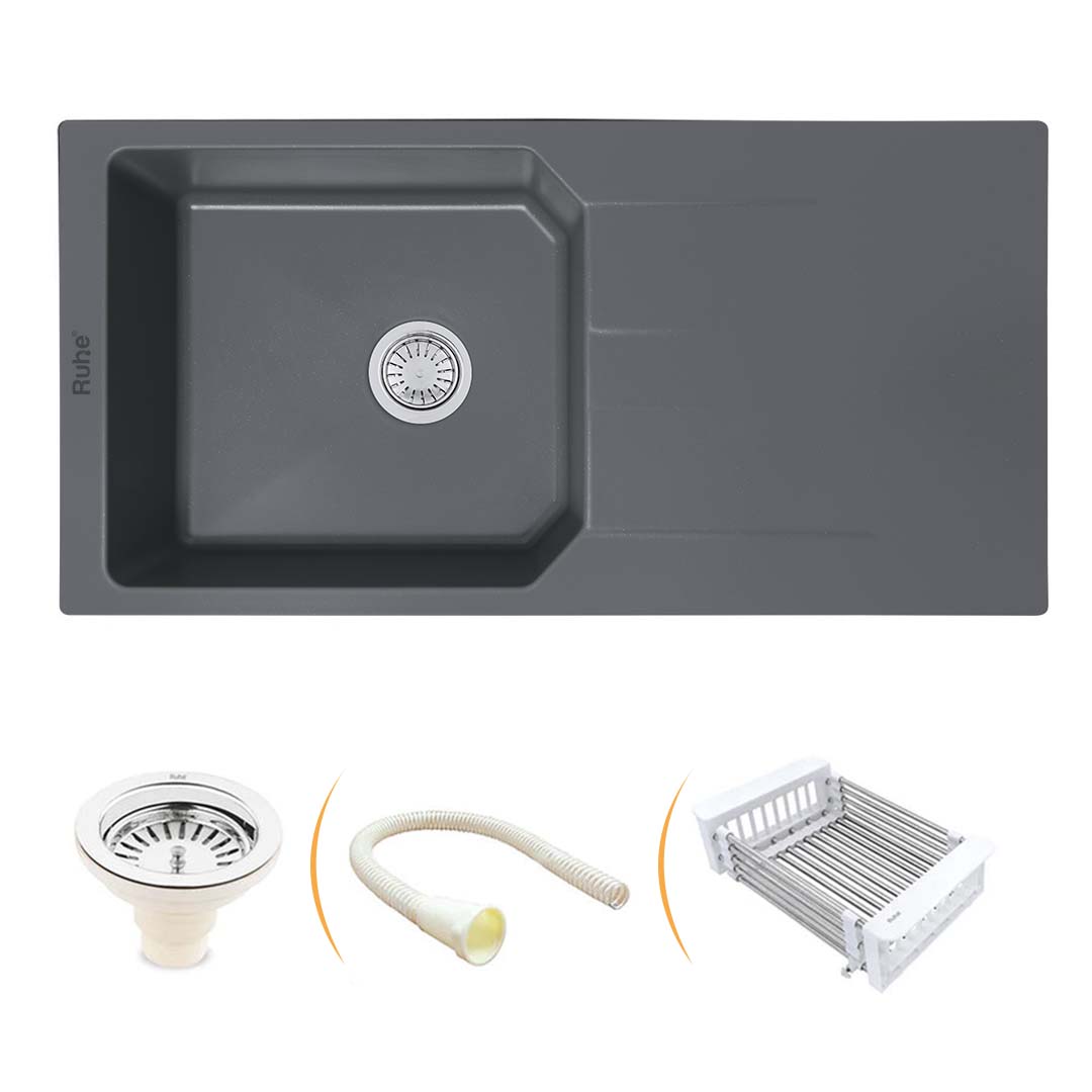 Smoke Grey Quartz Single Bowl with Drainboard  Kitchen Sink (39 x 20 x 9 inches) - by Ruhe