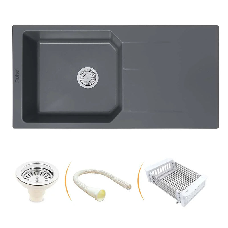 Smoke Grey Quartz Single Bowl with Drainboard Kitchen Sink (39 x 20 x 9 inches)