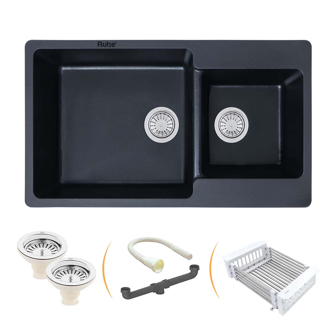 Matte Black Quartz Double Bowl Kitchen Sink (34 x 20 x 9 inches) - by Ruhe