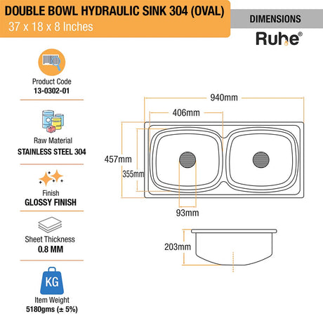 Oval Double Bowl 304-Grade Kitchen Sink (37 x 18 x 8 inches) - by Ruhe