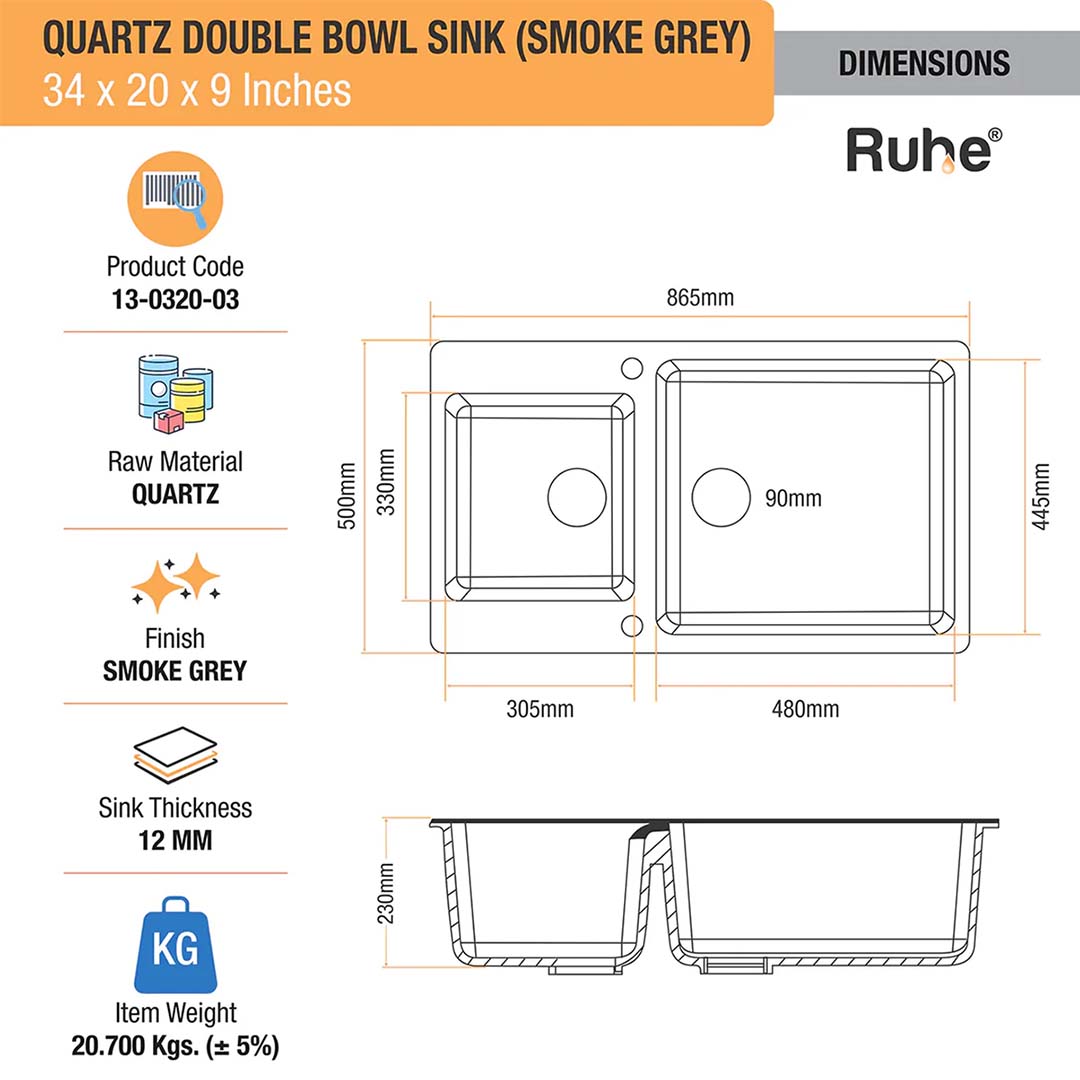 Smoke Grey Quartz Double Bowl Kitchen Sink (34 x 20 x 9 inches) - by Ruhe